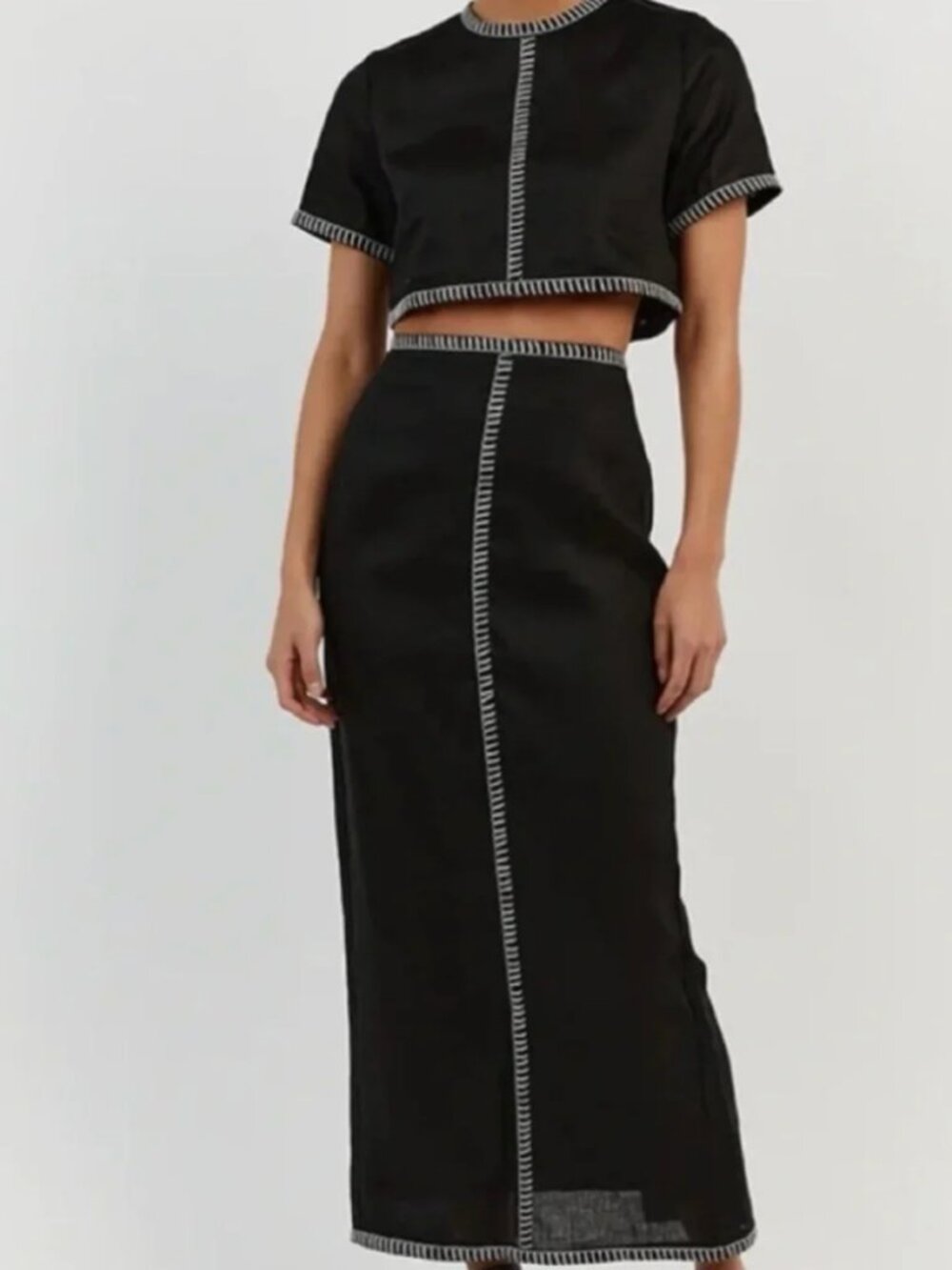 NWT Magaschoni Black 100% Linen 2-Piece Set Crop Top S & Maxi Skirt 6